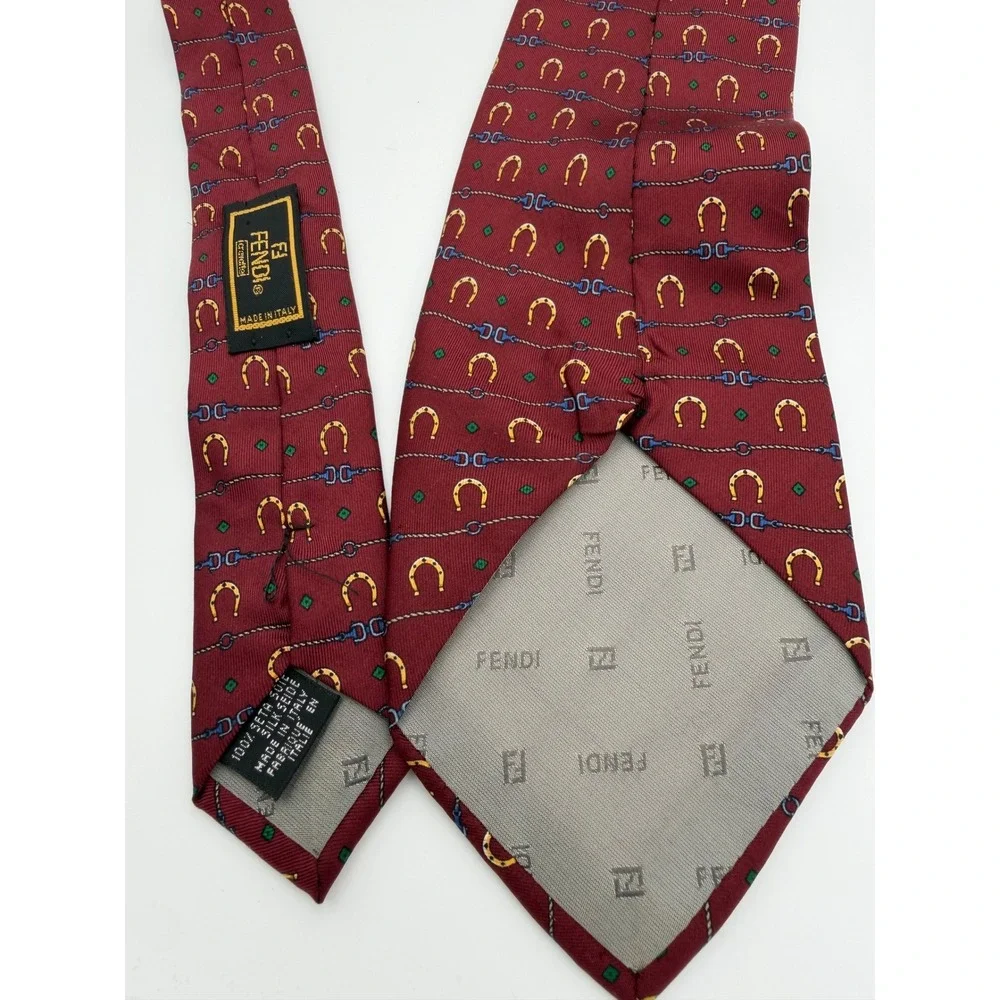 Fendi Mens Silk Tie Burgundy Red‎ Horseshoe Equestrian Motif Made in Italy